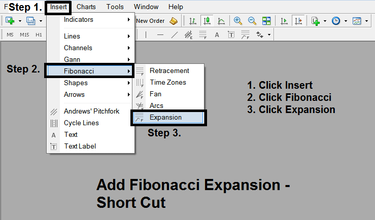 Short Cut of How Do I Add Fibonacci Expansion Zones Technical Indicator on MetaTrader 4?