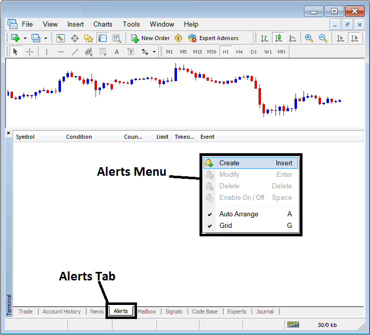 Alerts Menu and Alert Tab for Setting Trading Alerts on MetaTrader 4 - BTCUSD MetaTrader 4 Online Trading Software - BTCUSD Crypto Trading MT4 Transactions Window