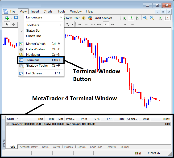 MT4 Terminal Window and Terminal Button View Menu - Bitcoin MetaTrader 4 Online Trading Software - Set Up Trading MT4 Software Platform Tutorial