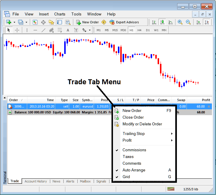 Trade Tab Menu on MetaTrader 4 Terminal Window - Crypto MetaTrader 4 Online Trading Platform - Learn How to Trade Using MetaTrader 4 Bitcoin Trading Platform to Trade Bitcoin