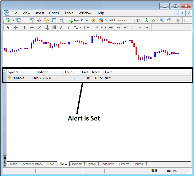 Trade Alert Setup on MetaTrader Alerts Tab - Crypto MetaTrader 4 Online Trading Software - Crypto MetaTrader 4 Transactions Window - Trading MT4 Platform Software Tutorial Guide