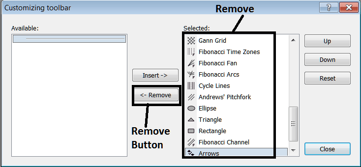 How to Remove a Tool from the Lines Toolbar on MT5 - MT5 BTCUSD Crypto Trading Line Studies Tool bar Menu Tutorial