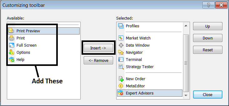 Customize and Add Buttons on Standard MetaTrader 5 Toolbar - Customizing MT5 Toolbar Menu