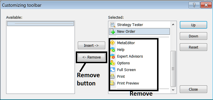 Remove Toolbar Buttons from the Standard Toolbar on MT5 - Crypto Platform MetaTrader 5 Crypto Trading Platform Setup