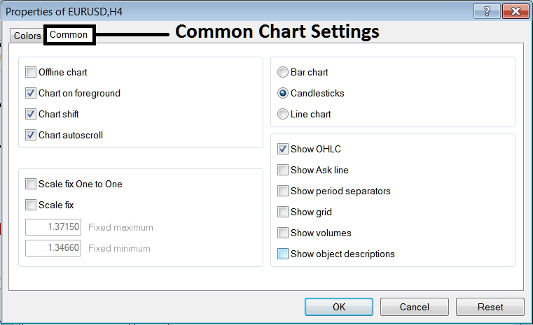 Common Chart Setting on MT5 for bitcoin Charts - Crypto MetaTrader 5 Chart Properties on Charts Menu in MT5