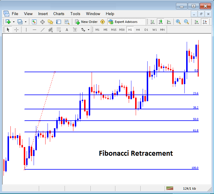 Placing Fibonacci Retracement Technical Indicator on Bitcoin Trading MT5 Chart