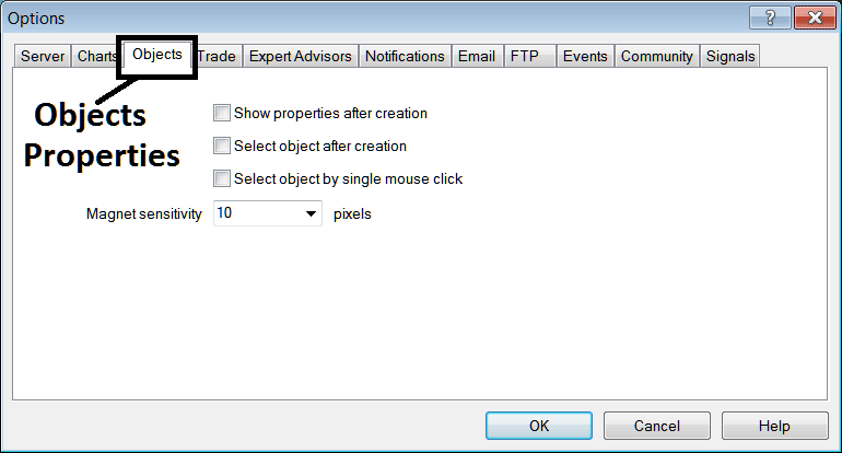 Object Properties Editing Option on MT5 - MT5 Crypto Charts Options Setting on Tools Menu