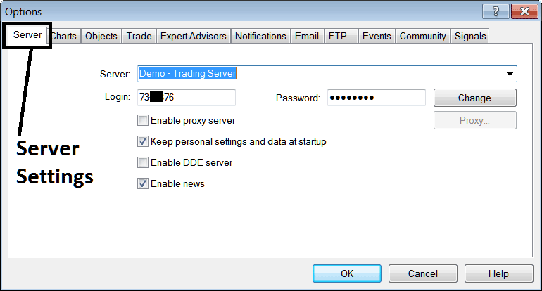 Server Setting Option in MT5 - MT5 Crypto Charts Options Settings on Tools Menu