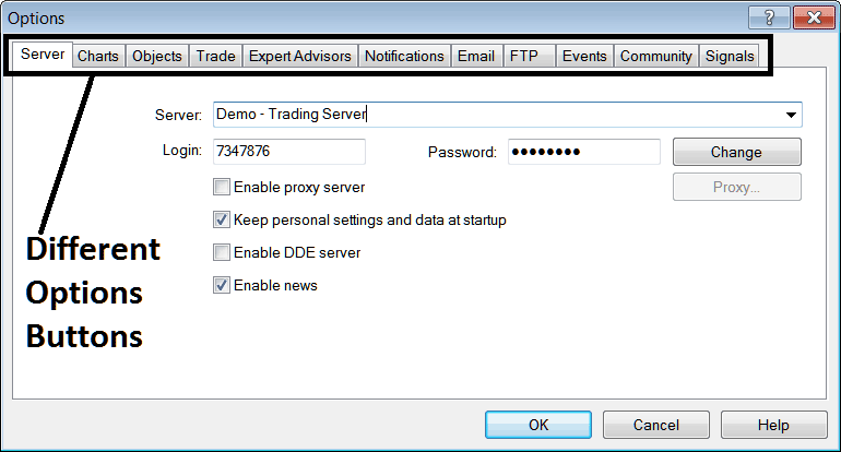 MT5 Options Settings Window for Various MT5 Trader Setting - MT5 BTCUSD Charts Options Setting in Tools Menu