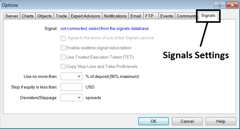 Signal Settings - MT5 BTCUSD Trading Charts Options Setting in Tools Menu - Crypto Charts Options on MT5