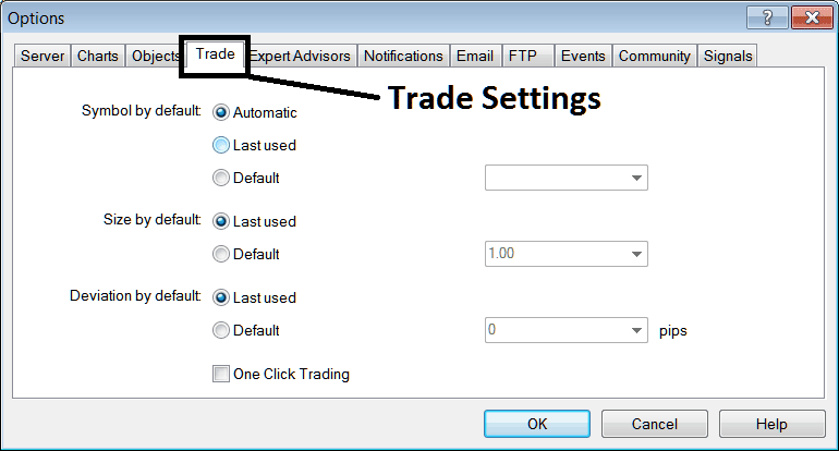 Trade Setting Option in MT4 - MT5 BTCUSD Charts Options Settings on Tools Menu