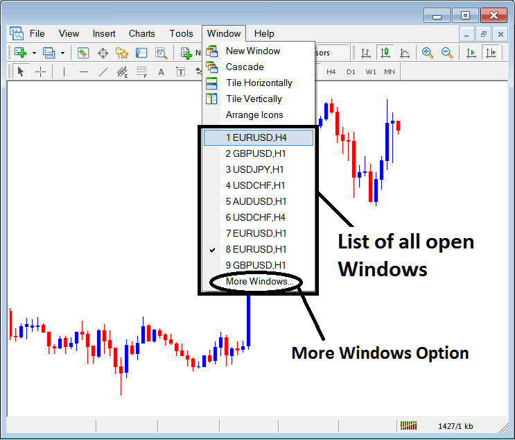 Open Charts List on MT5 Software - Open Charts List on MT5 - MT5 Open Bitcoin Charts List Window Explanation